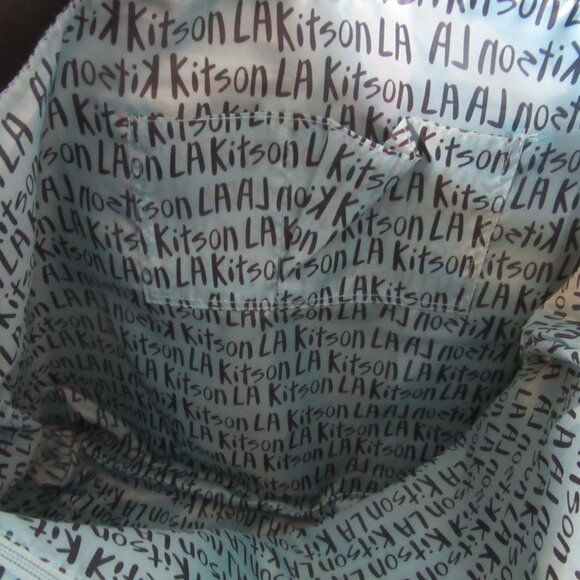 Kitson L.A. Neoprene Tote Bag Large Black and Silver Shoulder Handle Blue Lining - Picture 9 of 11
